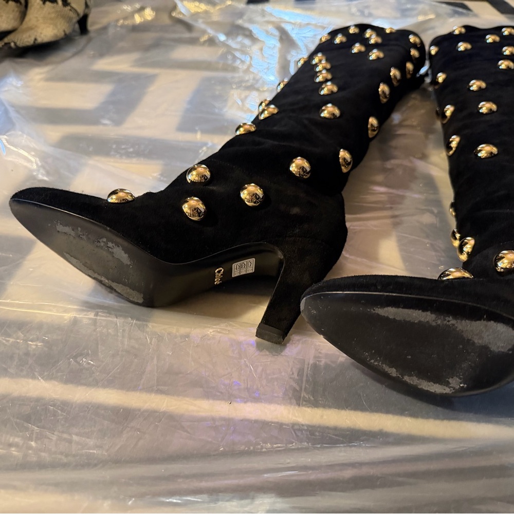 Chloe Black Heeled Boots with Gold Studs - Picture 2 of 7